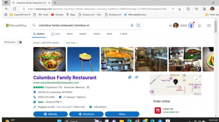 Columbus Family Restaurant Bing Profile